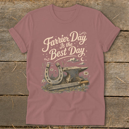 T-shirt graphic with horseshoe, anvil, rasp, and text "Farrier Day Is the Best Day."