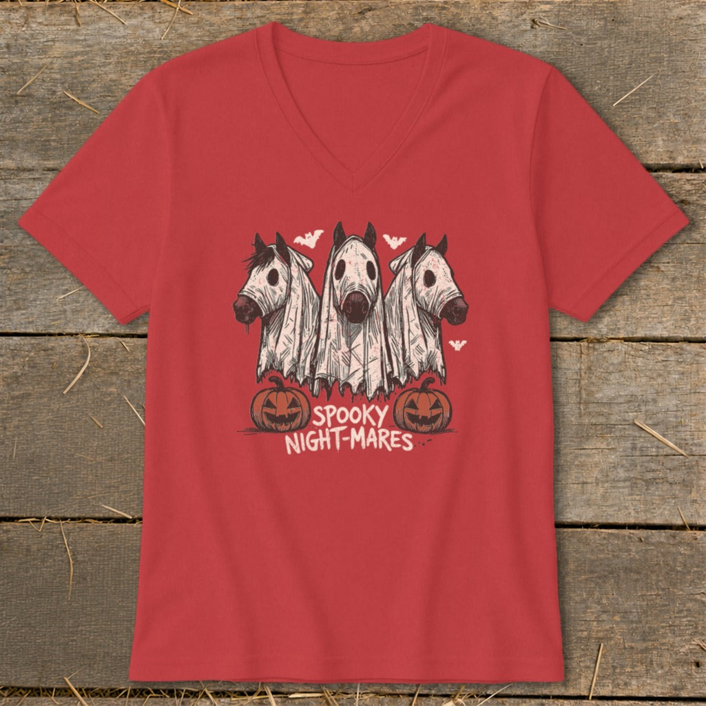 Three horses in sheets with bats and pumpkins, "Spooky Night-Mares" text.