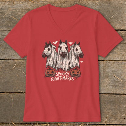 Three horses in sheets with bats and pumpkins, "Spooky Night-Mares" text.