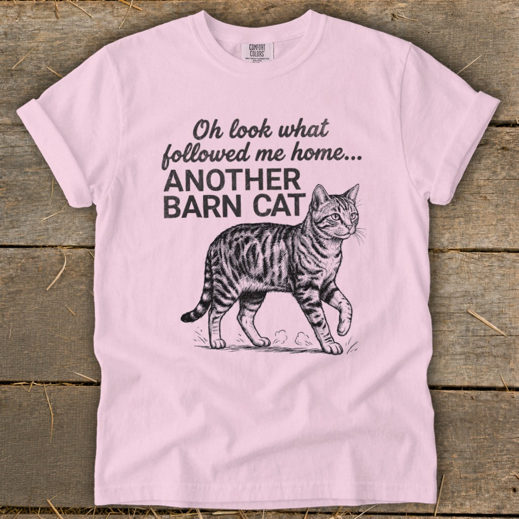Pink t-shirt with sketch of tabby cat and text "Oh look what followed me home... ANOTHER BARN CAT"