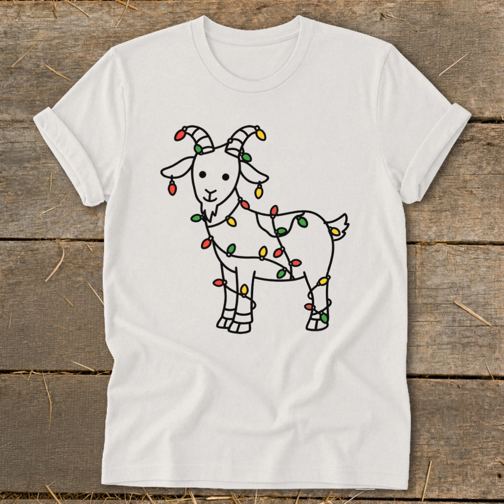 White t-shirt with a line drawing of a goat wrapped in colorful Christmas lights.
