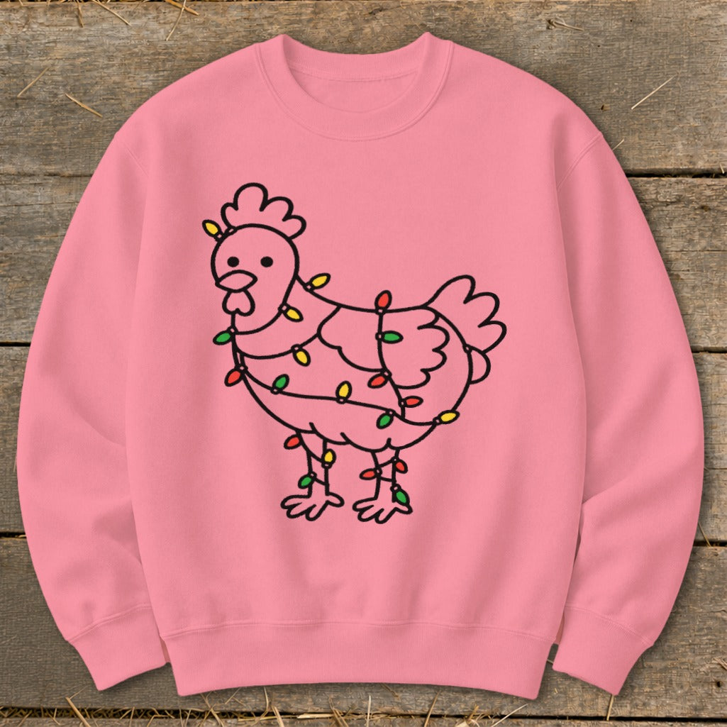 Pink sweatshirt with a line drawing of a chicken wrapped in colorful Christmas lights.