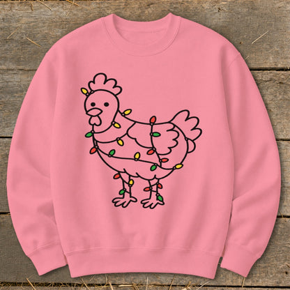Pink sweatshirt with a line drawing of a chicken wrapped in colorful Christmas lights.
