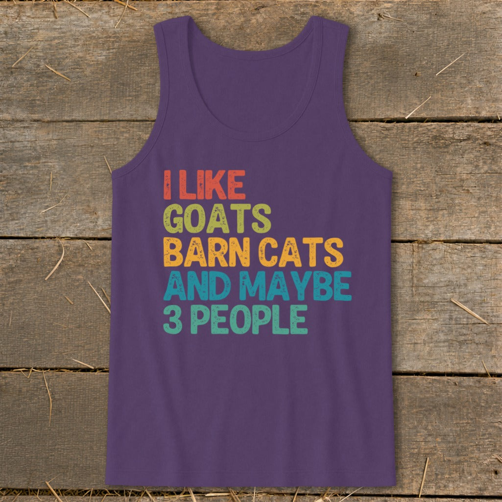 Purple tank top with "I like goats barn cats and maybe 3 people" text.
