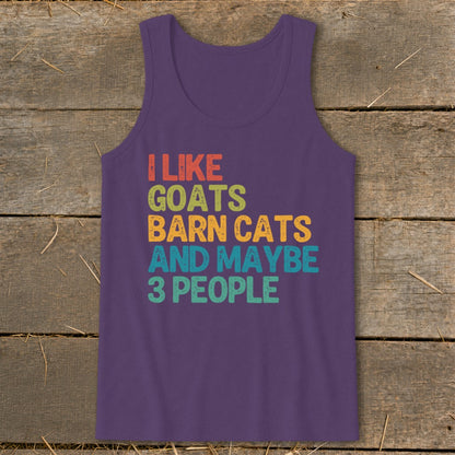 Purple tank top with "I like goats barn cats and maybe 3 people" text.