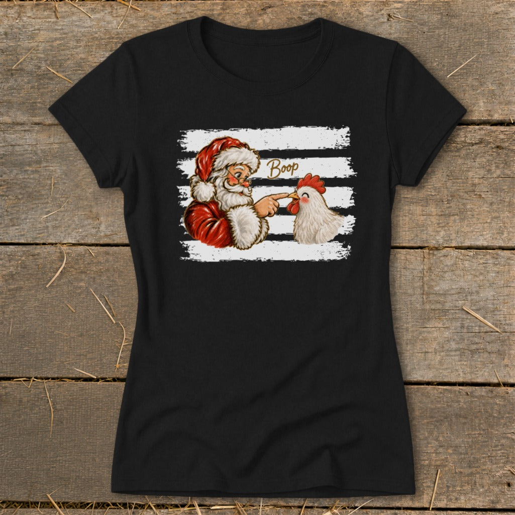Santa booping a chicken with the word "Boop" on a black t-shirt.