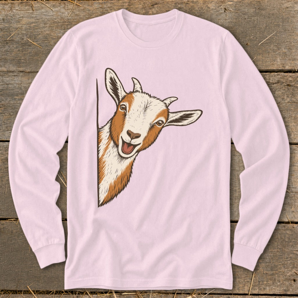Pink long-sleeve shirt with illustration of a peeking goat.