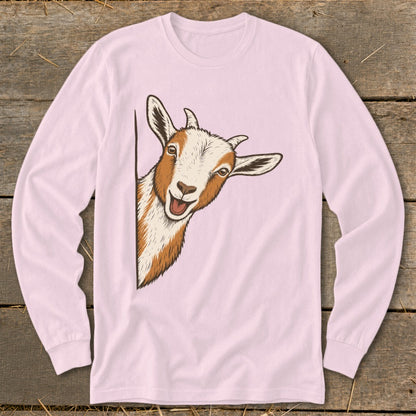 Pink long-sleeve shirt with illustration of a peeking goat.