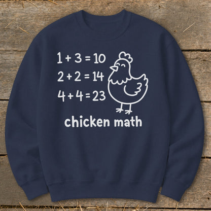 Navy sweatshirt with "chicken math" text and a drawing of a chicken.