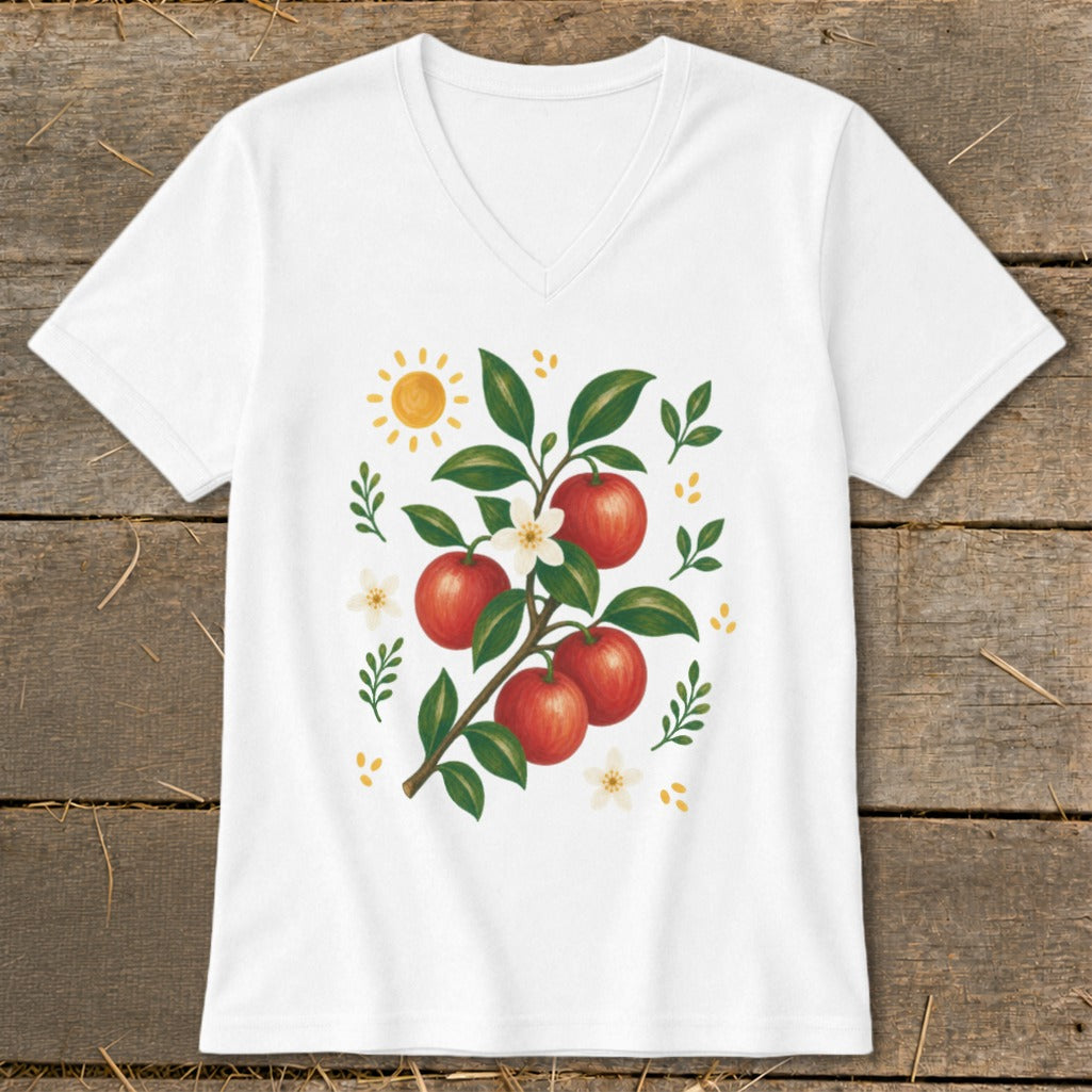 White t-shirt with a v-neck and a print of apples on a branch with leaves and flowers.