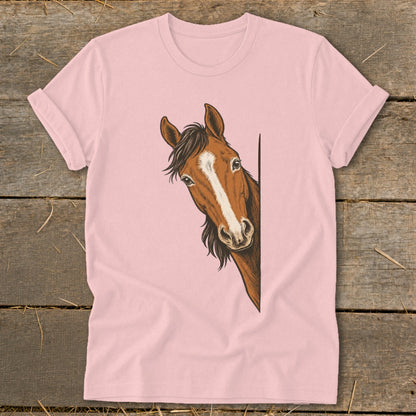 Pink t-shirt with a brown horse peeking from the side.