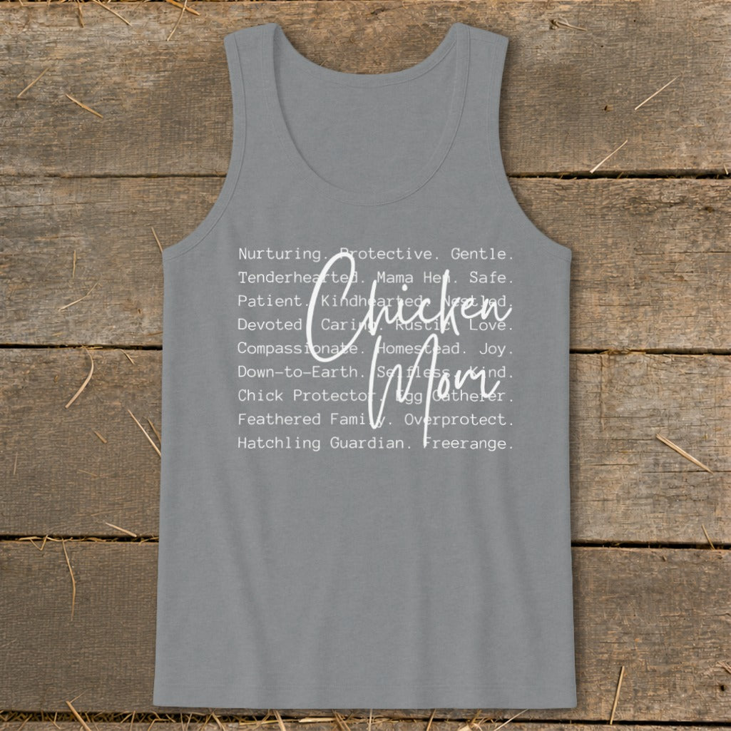 Grey tank top with "Chicken Mom" in white text, surrounded by descriptive words.
