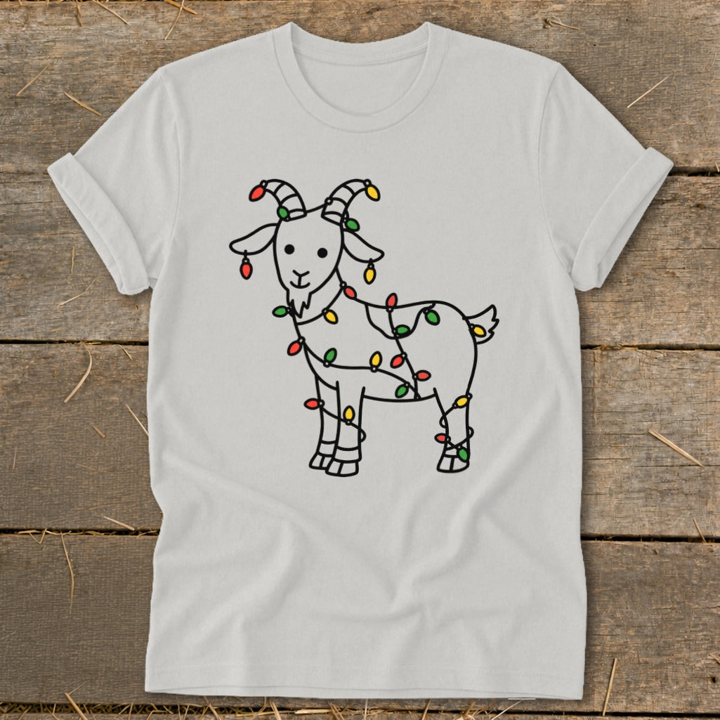 Light gray t-shirt with a line drawing of a goat wrapped in colorful Christmas lights.