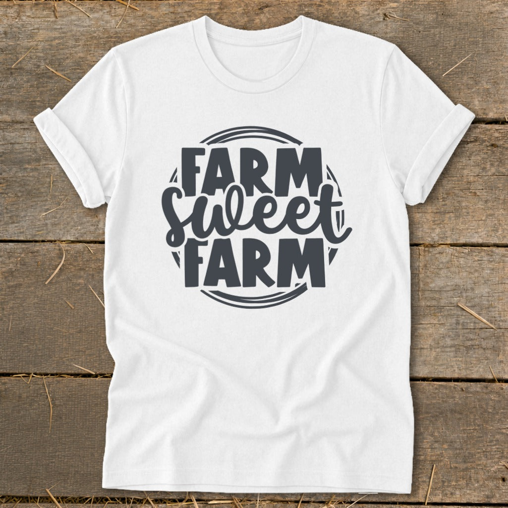 White t-shirt with "Farm Sweet Farm" text design in a circular emblem.