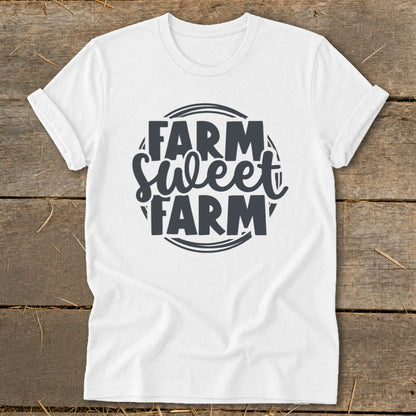 White t-shirt with "Farm Sweet Farm" text design in a circular emblem.