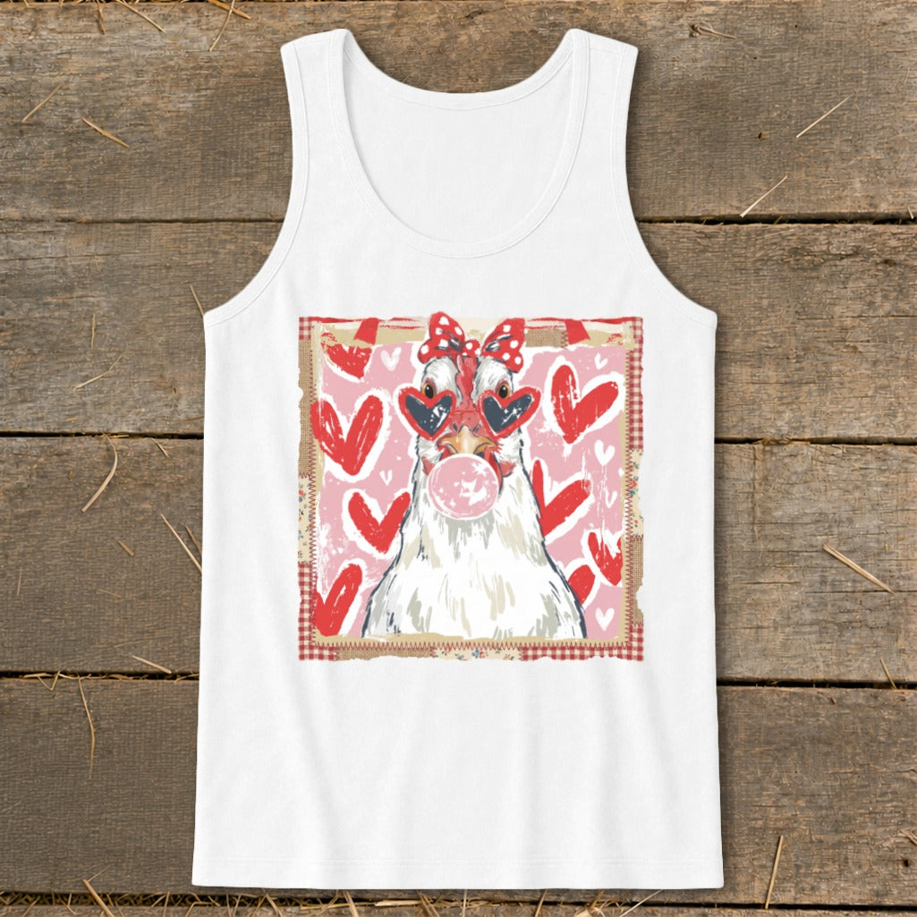 White tank top with a chicken wearing heart-shaped sunglasses and blowing bubblegum.