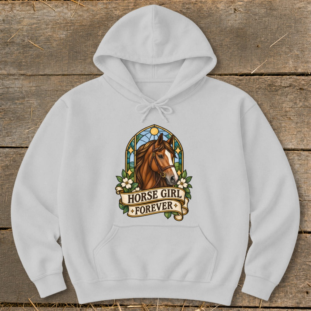 White hoodie with a stained-glass style horse graphic and "Horse Girl Forever" text.