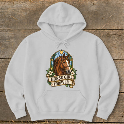 White hoodie with a stained-glass style horse graphic and "Horse Girl Forever" text.