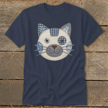 Dark blue t-shirt with a patchwork cat face design on the front.