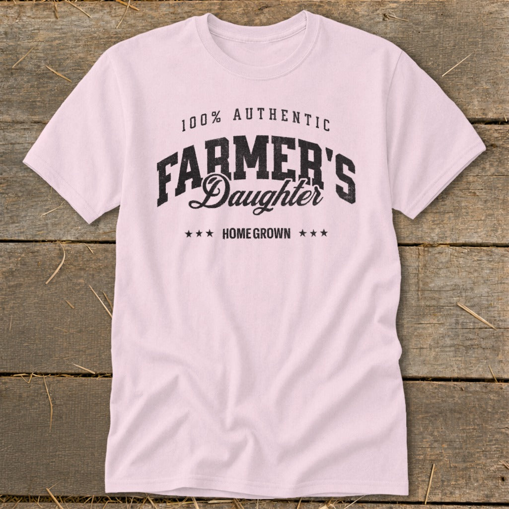 Pink t-shirt with "100% Authentic Farmer's Daughter Homegrown" text.