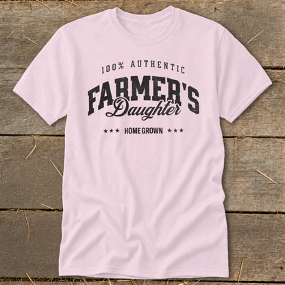 Pink t-shirt with "100% Authentic Farmer's Daughter Homegrown" text.