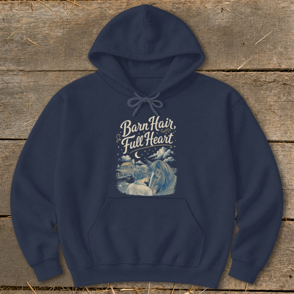 Navy hoodie with "Barn Hair, Full Heart" graphic featuring a person and horse.