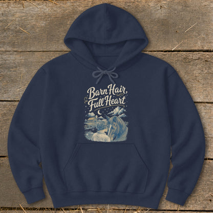 Navy hoodie with "Barn Hair, Full Heart" graphic featuring a person and horse.