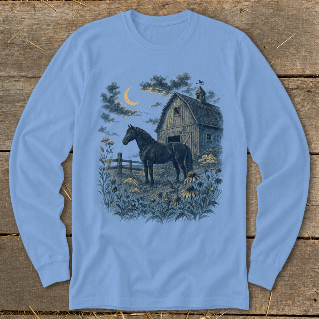 Dark horse stands in field near barn under crescent moon and stars.