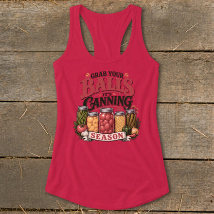 Red tank top with "Grab Your Balls It's Canning Season" graphic and jars of preserves.