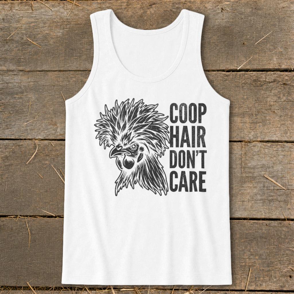 White tank top with chicken graphic and text "Coop Hair Don't Care".