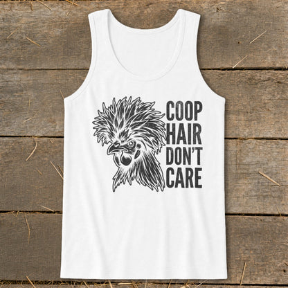 White tank top with chicken graphic and text "Coop Hair Don't Care".