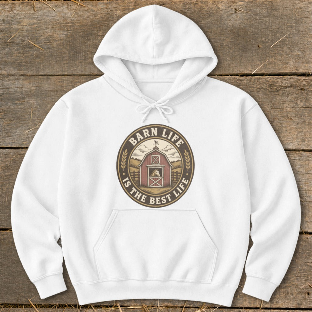 White hoodie with a circular graphic: "Barn life is the best life".