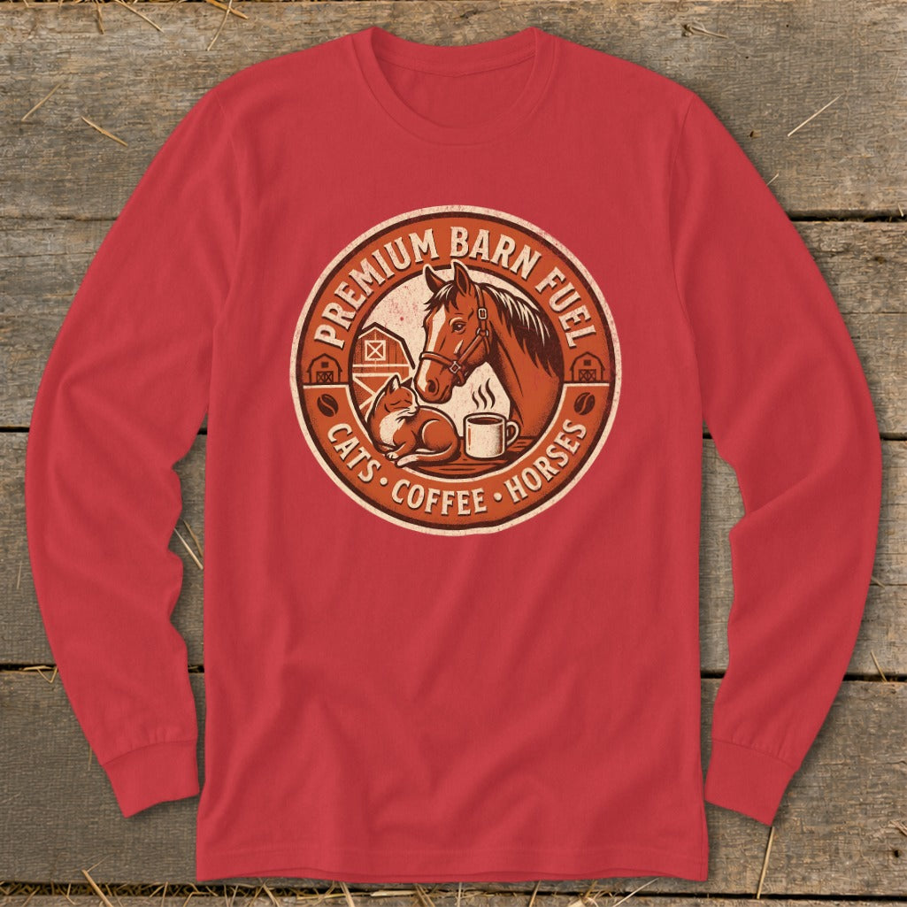 Long-sleeve red shirt with "Premium Barn Fuel Cats Coffee Horses" graphic.