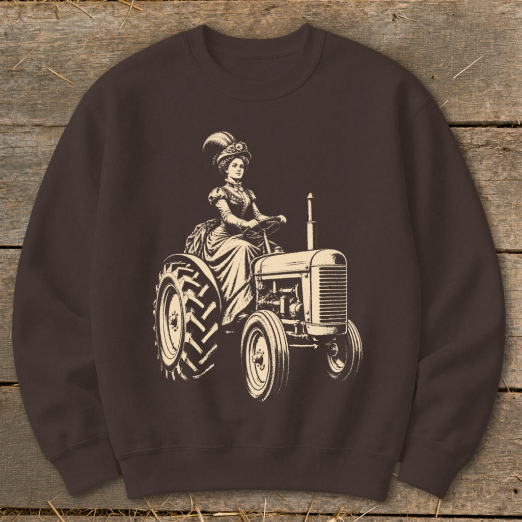 Illustration of woman in Victorian dress driving a tractor.