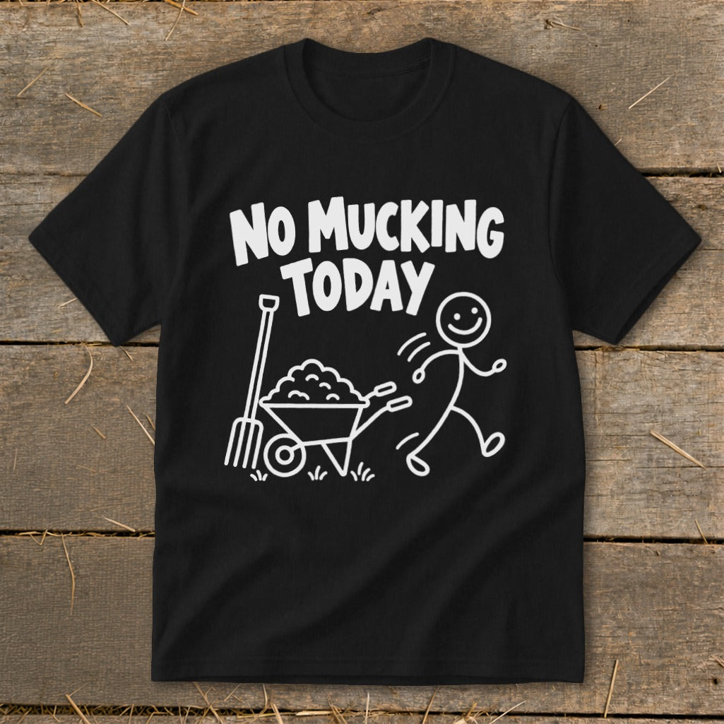 Black t-shirt with white text and graphics of a stick figure and a wheelbarrow.