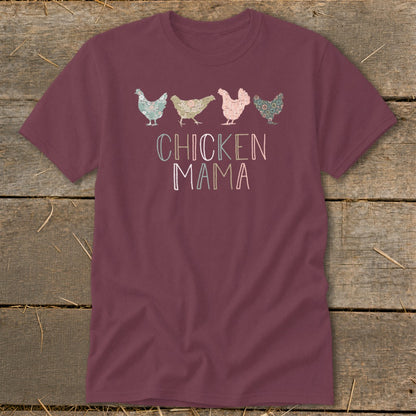 Maroon t-shirt with four floral patterned chickens and "CHICKEN MAMA" text.