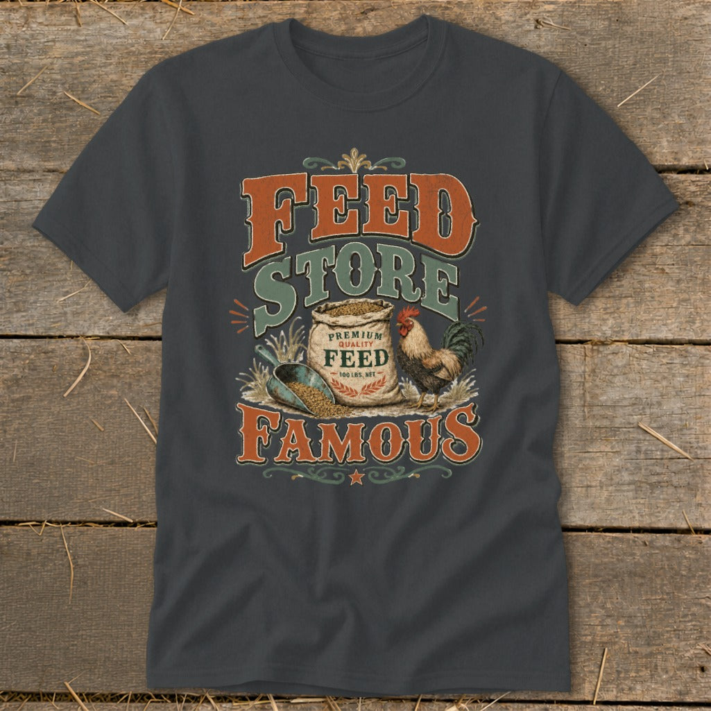 Feed Store Famous graphic with chicken, feed bag, and scoop.