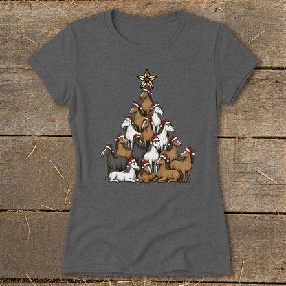 Christmas tree shaped arrangement of horses wearing Santa hats with a star on top.