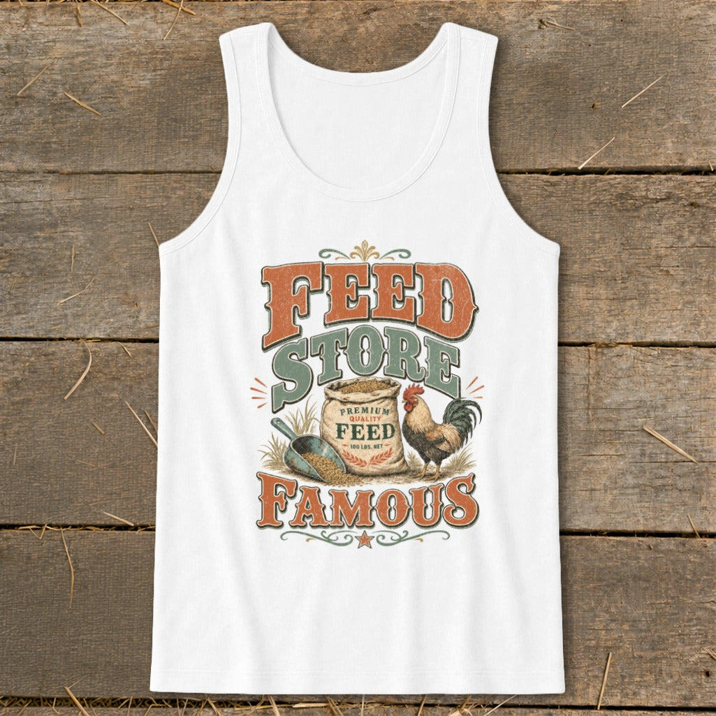 White tank top with "Feed Store Famous" graphic featuring a chicken and bag of feed.
