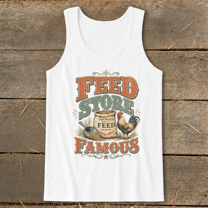 White tank top with "Feed Store Famous" graphic featuring a chicken and bag of feed.