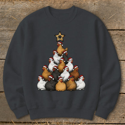 Crewneck sweatshirt with a Christmas tree made of chickens wearing Santa hats, topped by a star.