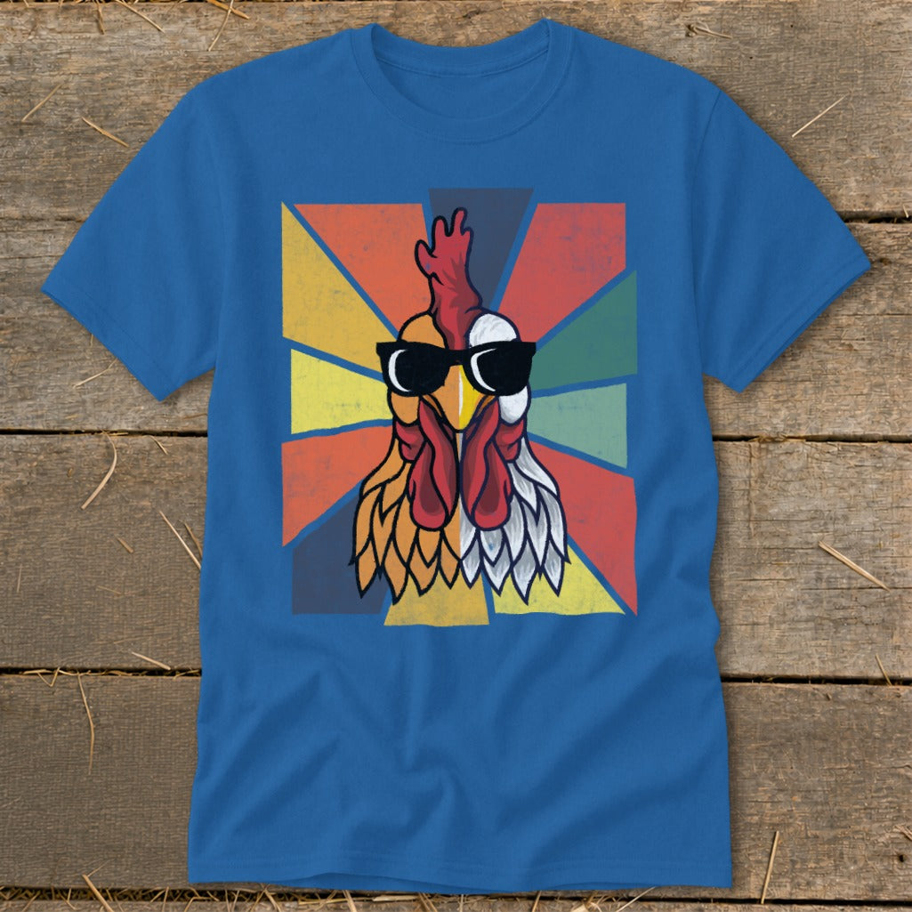 Blue t-shirt with a distressed graphic of a rooster wearing sunglasses.