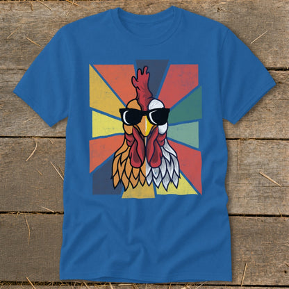Blue t-shirt with a distressed graphic of a rooster wearing sunglasses.