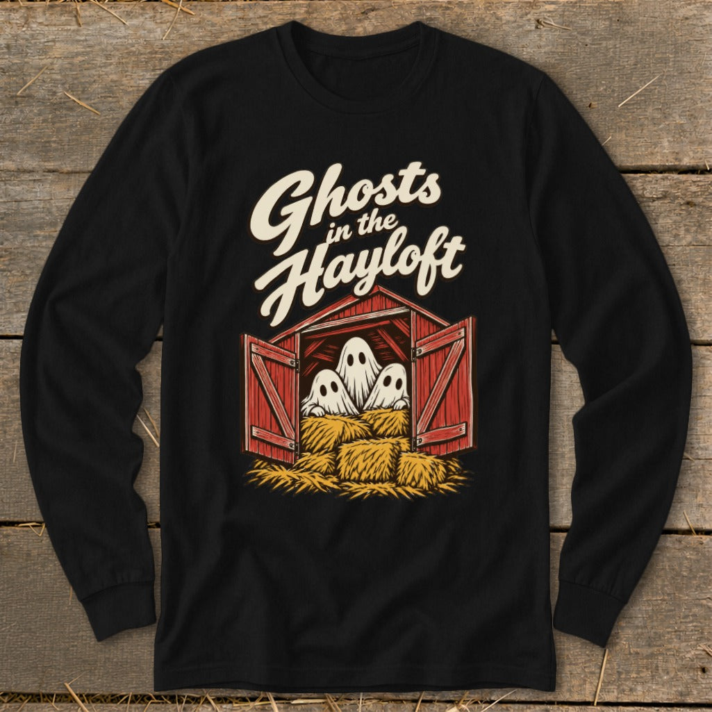 Ghosts in the Hayloft text above three ghosts in a barn with hay bales.