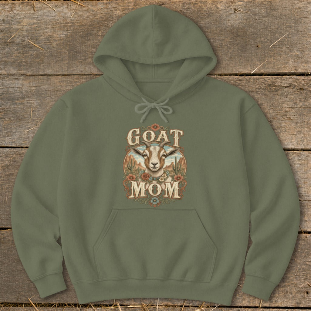 Olive green hoodie with "GOAT MOM" text and a goat's head illustration.