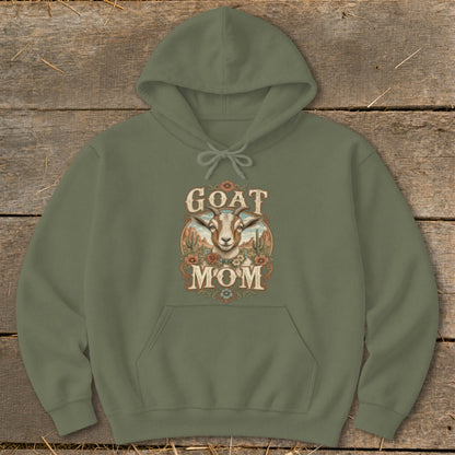 Olive green hoodie with "GOAT MOM" text and a goat's head illustration.