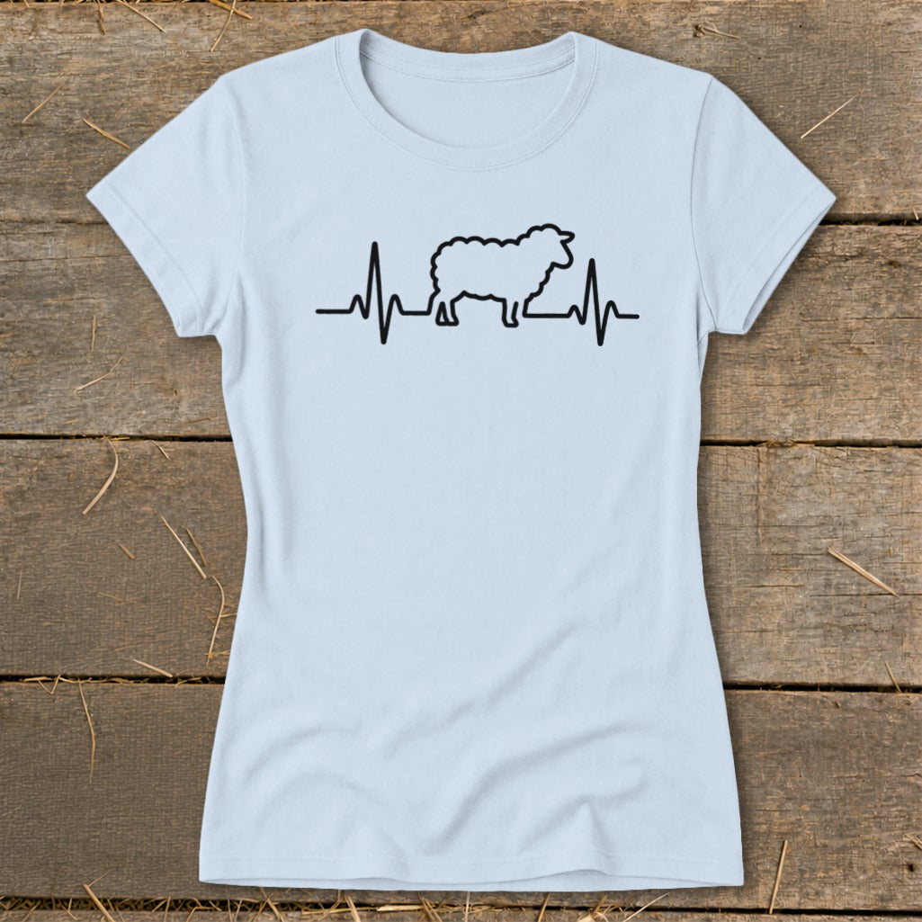 Light blue women's short-sleeve t-shirt featuring a black graphic of a sheep integrated into a heartbeat line.