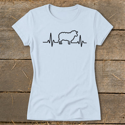 Light blue women's short-sleeve t-shirt featuring a black graphic of a sheep integrated into a heartbeat line.