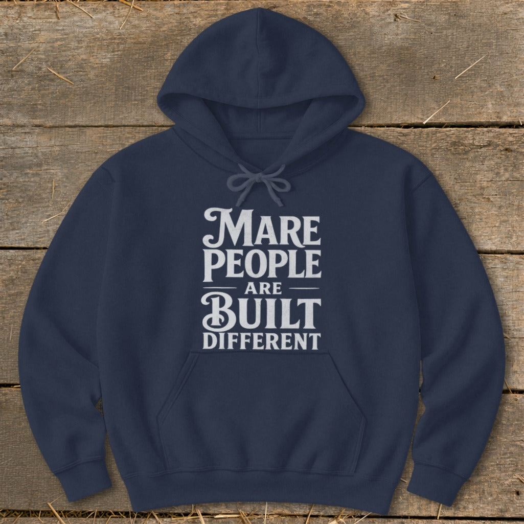 Navy hoodie with "Mare People Are Built Different" text graphic.