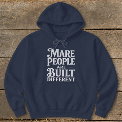 Navy hoodie with "Mare People Are Built Different" text graphic.